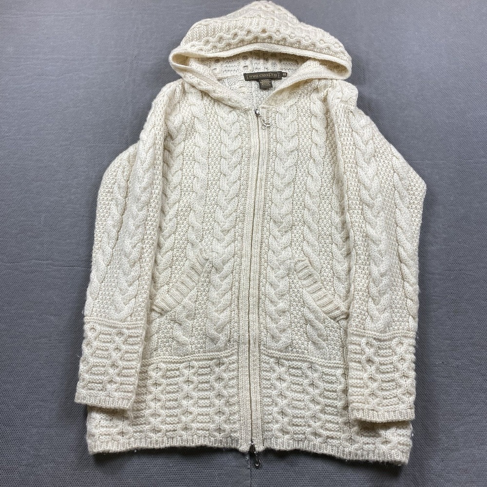 Inis Crafts Hoodie Sweater Womens Small Beige Merino Wool Cable Knit Ireland Zip